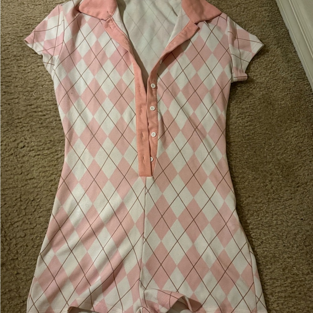 Fashion Nova Pink & White Argyle Polo Romper
